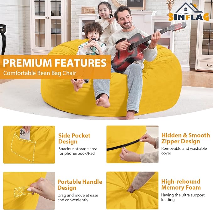4FT Bean Bag Chair, Large Bean Bag Chairs with Memory Foam Filled, Fluffy Beanbag Sofa with Dutch Velvet Cover, Round BeanBag Chairs for Living Room, Playroom - Lemon