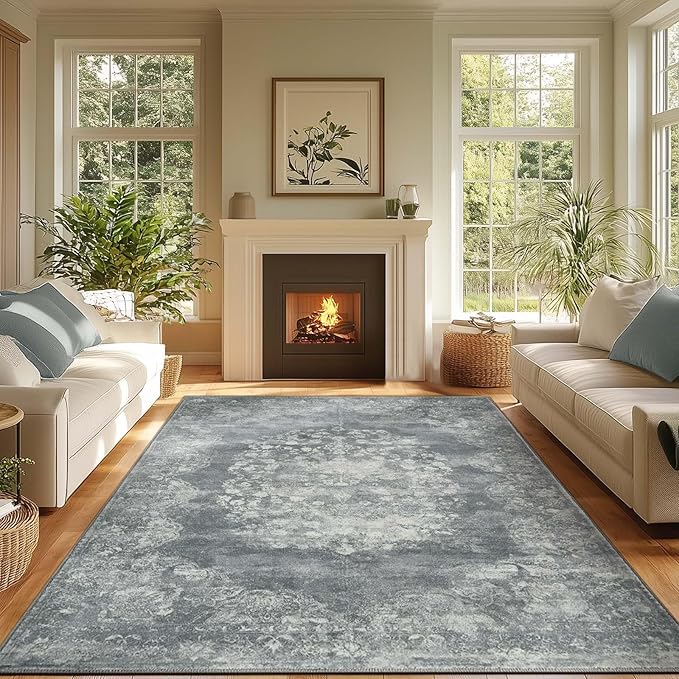 jinchan Washable Area Rug 6x9 for Living Room - Soft Faux Wool Ultra-Thin Stain Resistant Non-Slip Distressed Vintage Floral Rug Large Carpet for Bedroom,Dining Room,Home Office,Nursery(Grey, 6'x9')
