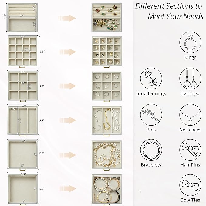 AKOZLIN Functional 6-Tier Jewelry Box Organizer with 5 Drawers Leather Jewelry Storage Case for Women Girls Ring Necklace Earring Bracelet Holder Organizer with Mirror Grey