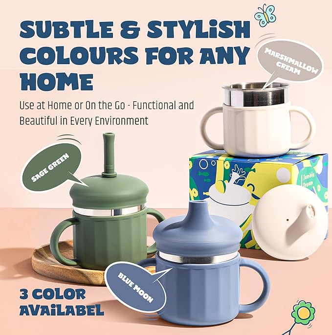 Jumble Dream Stainless Steel and Silicon Sippy Cup Baby Sippy Cup, Training Kids Cups with Silicon Straw, Toddler Tumbler with Spill Proof Straw |12 Month Plus Toddler Cup| BPA Free