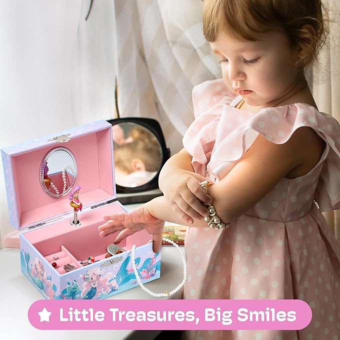 Jewelkeeper Girls Musical Jewelry Box - Durable Pine Fiberboard with Soft Pink Lining - Kids Jewelry Box - The Beautiful Dreamer Tune - Gifts for Girls - Mermaid Jewellery Box - 6x4x3.5in