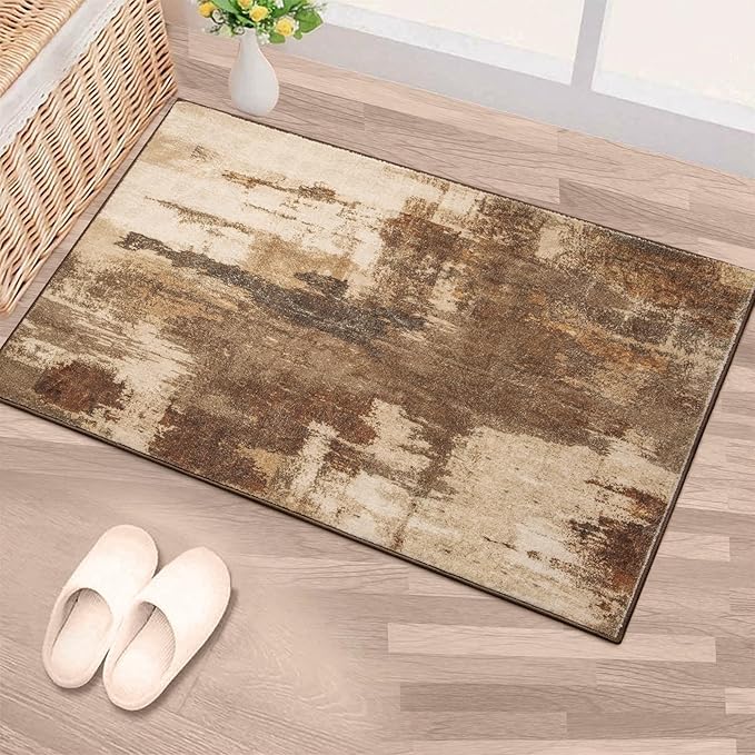 Kelarea 2x3 Brown Entryway Rug, Washable Abstract Small Rugs Non-Slip Low Pile Throw Rugs for Kitchen Floor, Front Door, Bedroom Bedside