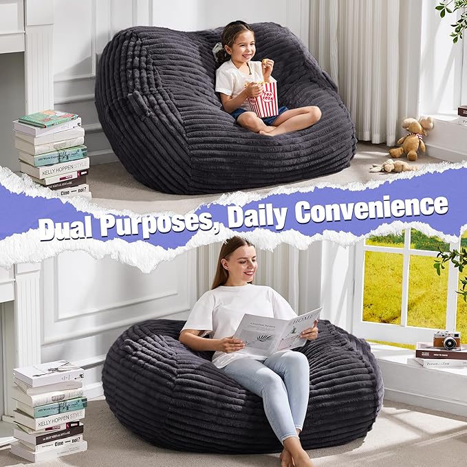 Hobestluk 3FT Bean Bag Chairs Adult Bean Bag with Portable Handle Comfy Large Bean Bag Chair with Removable Cover for Living Room Bedroom or Reading Nook (Stripe Dark Grey, 3FT)