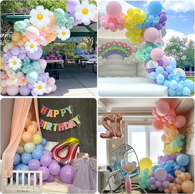 4th Birthday Decorations Girl Pastel, Slmeno 219Pcs Pastel Rainbow Balloon Arch Garland Kit, with Number 4 Balloons,Banner,Cake Toppers,12 3D Butterfly for 4 Year Old Girl Birthday Easter Party Decor