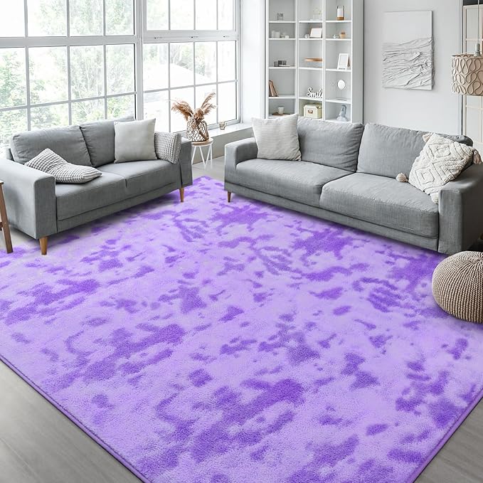Kimicole 7x10 Washable Area Rugs for Living Room Bedroom, Large Low Pile Ulta-Thin Solid Color Rug, Non-Slip Soft Fluffy Carpet for Nursery Kids Room Dorm Room Home Decor (Purple)