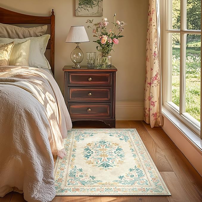 jinchan Vintage Floral 3x5 Area Rugs for Entryway - Machine Washable Distressed Design Ultra-Thin Low-Pile Soft Non-Shedding Carpet for Kitchen Bedroom Laundry Living Room (3x5ft,Apricot Multi)