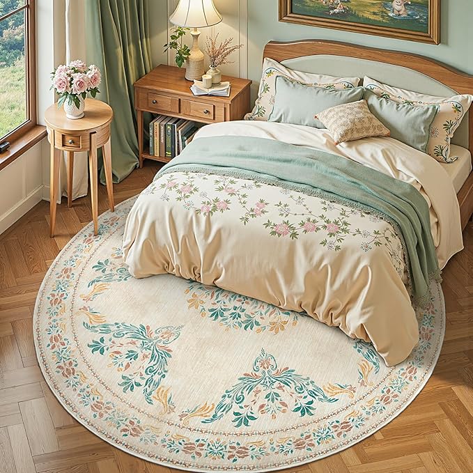 jinchan Round Rug 7ft Area Rugs,Vintage Floral Distressed Design Machine Washable Soft Non-Slip Low-Pile Ultra-Thin Circle Rug for Living Room Dining Room Bedroom Home Office (7' Round,Apricot Multi)