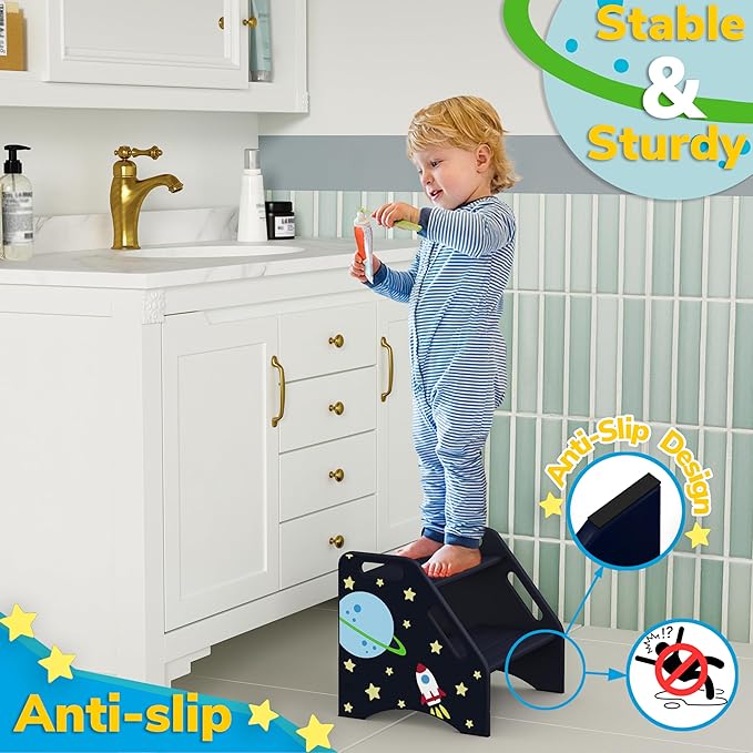 AMBIRD Toddler Step Stool, Space Wooden Two Step Stool for Kids with Non-Slip Pads, Portable Potty Training Stool with Handles for Bathroom, Sink, Kitchen, Bedroom