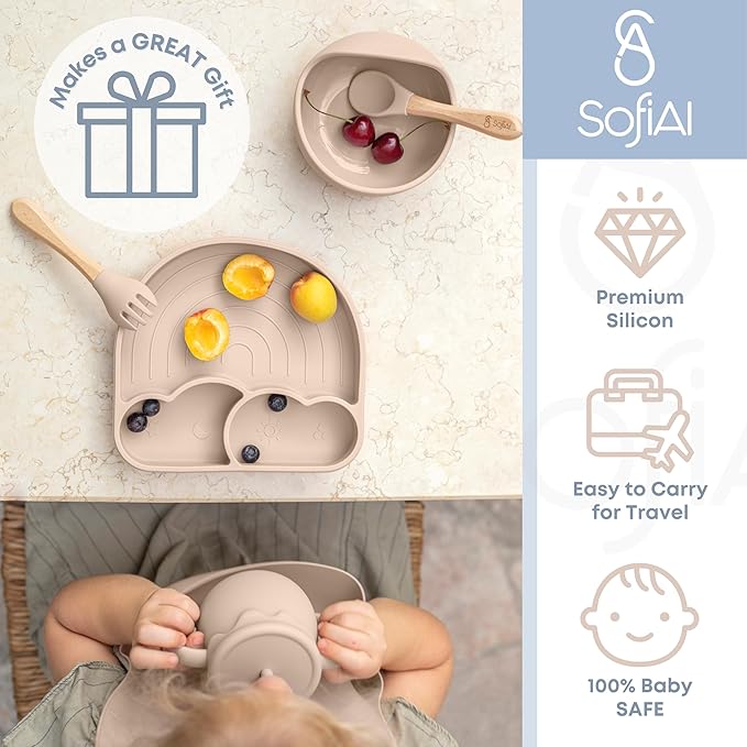 All In One Silicone Feeding Set - Safe for 6-12 Months - Non-Toxic Baby Led Weaning Supplies - Toddler Self Feeding Utensils - BPA-Free - Mess Free Essentials