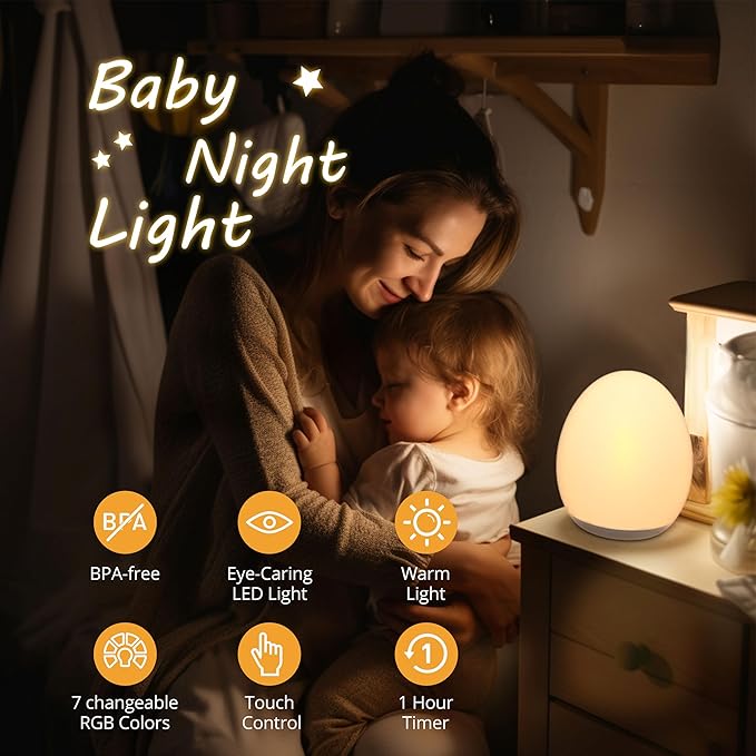 JolyWell Night Light for Kids, Baby Egg Light with 7 Colors Changing Mode & Stepless Dimming, Nursery Night Lamp BPA Free,Rechargeable Egg Night Light for Breastfeeding 1h Timer & Touch Control