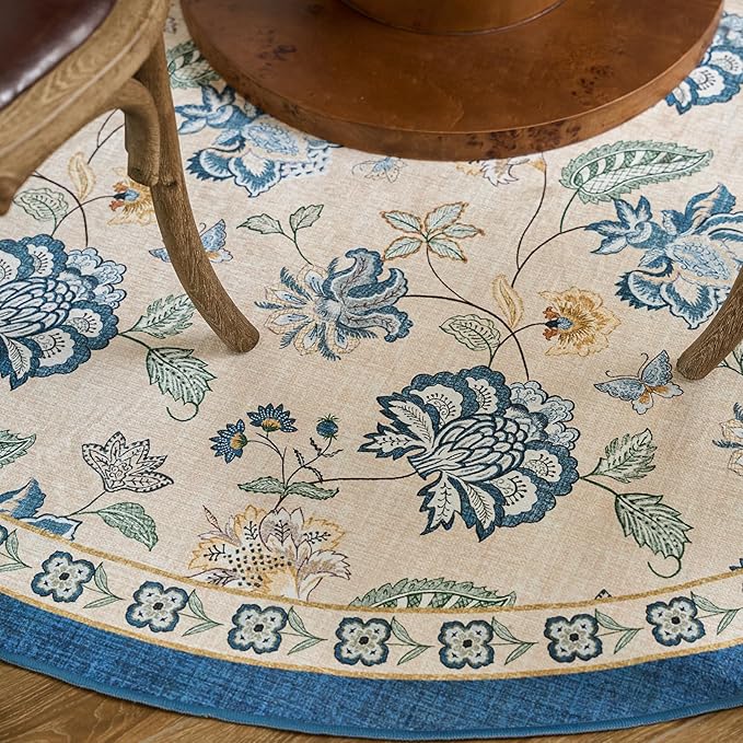 jinchan Floral Corner Rug for Living Room Washable Bedroom Rug Vintage Romance Design Non Slip Quarter Circle Lightweight Low-Pile Throw Carpet for Reading Nook Playroom,6ft Radius, Blue/Beige