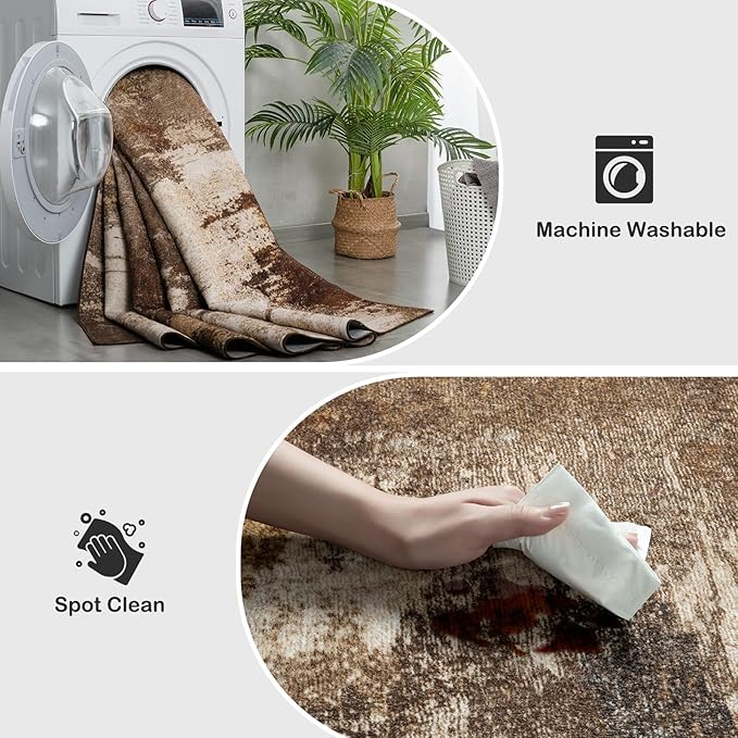 Kelarea Living Room Rug, 5x7 Rug Modern Abstract Washable Rugs Brown Foldable Faux Wool Vintage Carpets, Non Slip Rug for Bedroom, Dining Room, College Dorm, Kids Playroom, Home Office