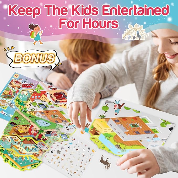 3D Sticker Scene Play Set – 4 Scenes with 300+ Stickers, Reusable Sticker Book, Waterproof Stickers for Kids & Adults