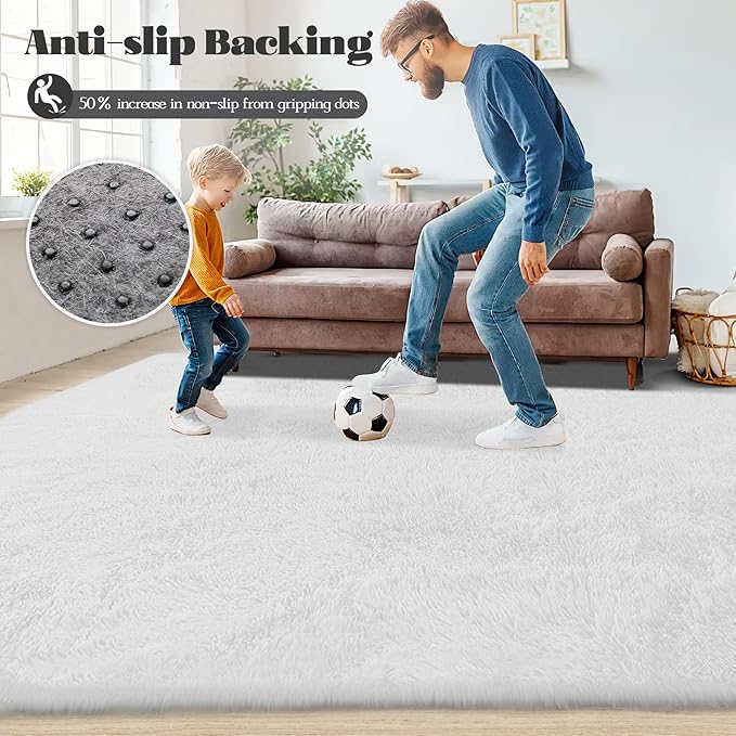 6x9 Area Rug for Living Room: Fluffy Shag Soft Washable Rugs Large Fuzzy Plush Indoor Carpet for Bedroom Nursery Playroom Kids Girls Boys Room (White, 6'x9')