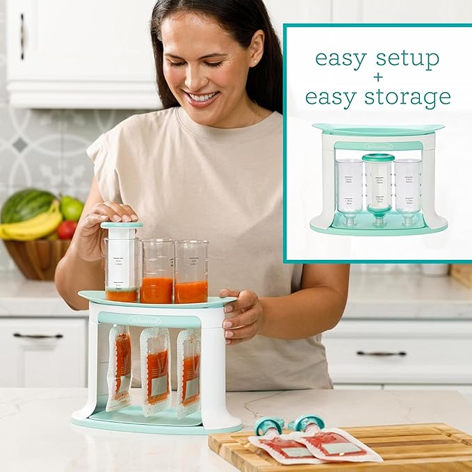 Infantino Squeeze Station, Baby Food Maker & Pouch Filler, Fill 3 Reusable Pouches at Once, Easy to Use, Dishwasher Safe, Homemade Baby Food Prep Essential, Teal