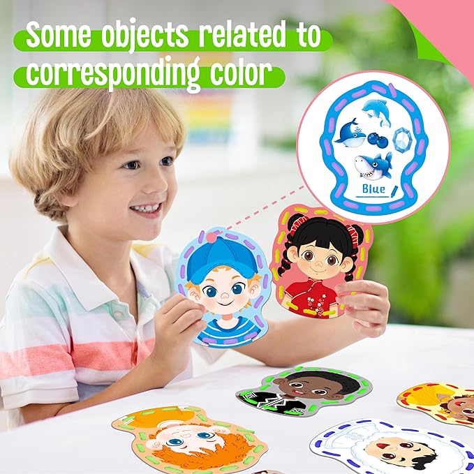 9 Pieces Happy Face Lacing Cards, 9 Double Sided Color Sewing Cards with 9 Colorful Laces, Educational & Learning Activity Games, Imagination Development Lacing Toys for Preschoolers, Kids