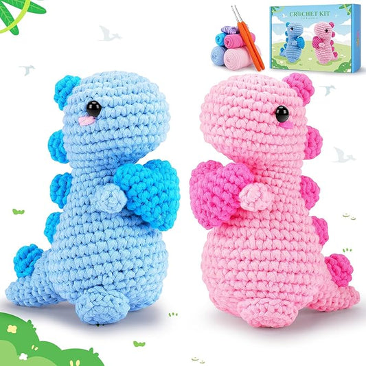 Heart Dinosaurs Crochet Kit for Beginners - 2PCS Blue and Pink Dinosaurs Crochet Kit with Step-by-Step Video Tutorials, Dinosaur Crochet Starter Kit for Adult Kid, Crochet Stuffed Animal Knitting Kit