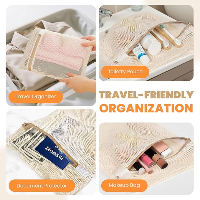 4Pcs Cotton Mesh Laundry Bags for Delicates,Breathable Mesh Garment Bag for Washing Machine,Travel Wash Bags with Zipper for Bras,Underwear,Socks,Baby Clothes,Laundry Dorm Room Essentials(S)