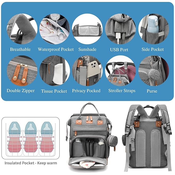 Jeryswet Baby Diaper Bags with Changing Station, Waterproof Large Capacity Diaper Bag Backpack for Moms Dads with USB Charging Port and Stroller Straps, Baby Shower Gifts, Grey