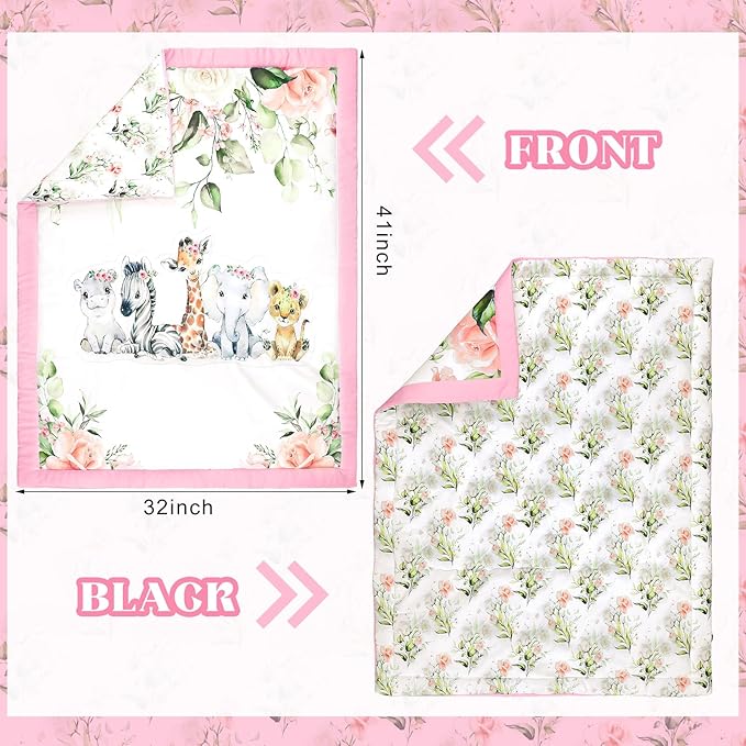 3 Pcs Baby Crib Bedding Set Safari Animals Dinosaurs Bear Woodland Animals Jungle Crib Set Includes Quilt, Fitted Sheet, Skirt for Baby Boy Girl(Pink,Safari)