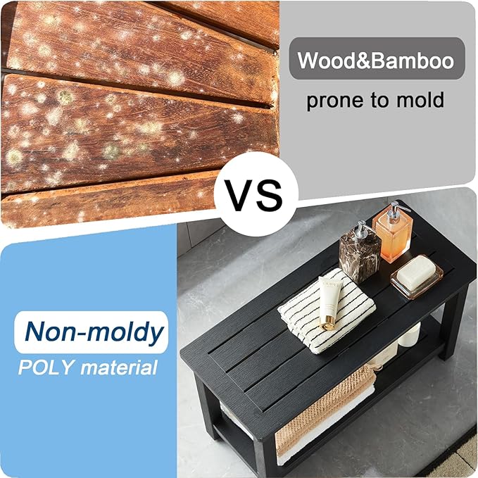 30'' Waterproof Shower Stool, Poly Lumber Shower Bench Seat for Shaving Legs, HDPS Plastic Bath Chair Seat, Non-Slip & No Maintenance, Black, Weight Capacity 700LBS (30 x 13 Inches)