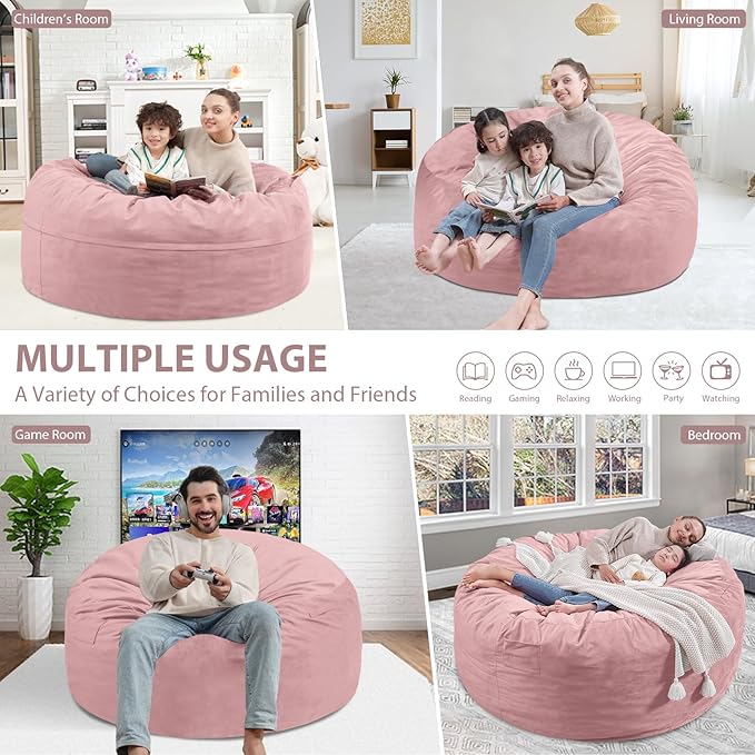 3FT Bean Bag Chair, Comfy Bean Bag Chairs with Memory Foam Filled, Fluffy Beanbag Sofa with Dutch Velvet Cover, Round BeanBag Chairs for Living Room, Playroom - Light Pink