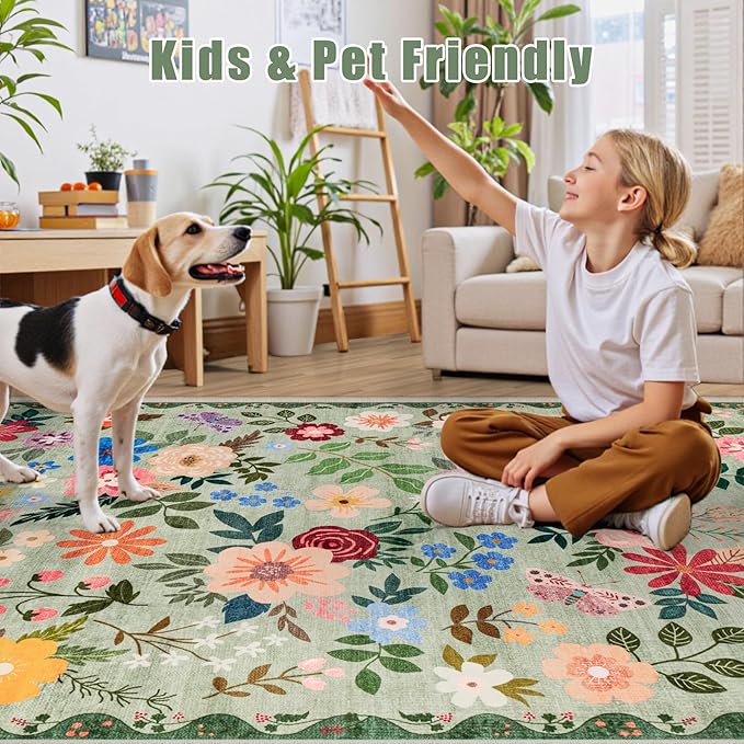 8x10 Area Rugs for Living Room: Floral Washable Rug Vintage Large Soft Boho Non-Slip Carpet Indoor Stain Resistant Low Pile Carpets for Bedroom Dining Room Farmhouse Nursery Hallway Home Office Green