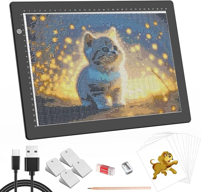 HIUKCOLED A4 Light Tracing Box with 4 Pcs Clips, Stepless Adjustable Brightness Ultra-Thin Light Pad, USB Powered LED Light Board for Drawing,Diamond Painting,Sketching,Animation,X-Ray,Sand Painting