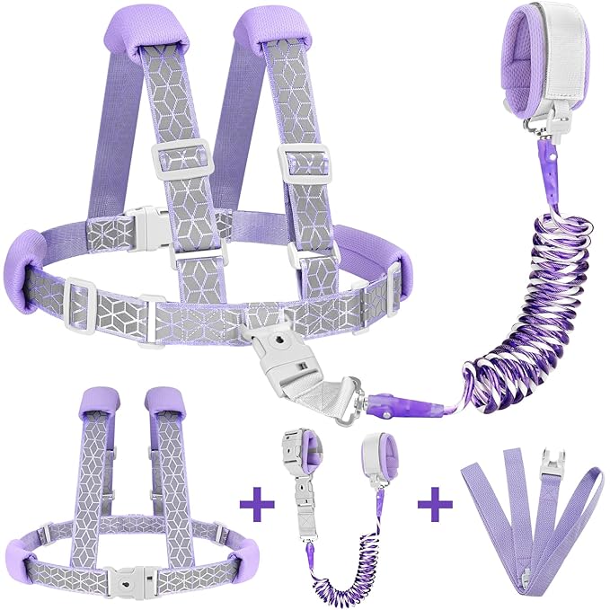 Accmor 3 in1 Toddler Harness Leash, Reflective kid Harness with Anti Lost Wrist Link, Harness Leash for Toddlers, Child Walking Harness kids Leash Wristband Rope Belt with Lock for Baby Girls (Purple)