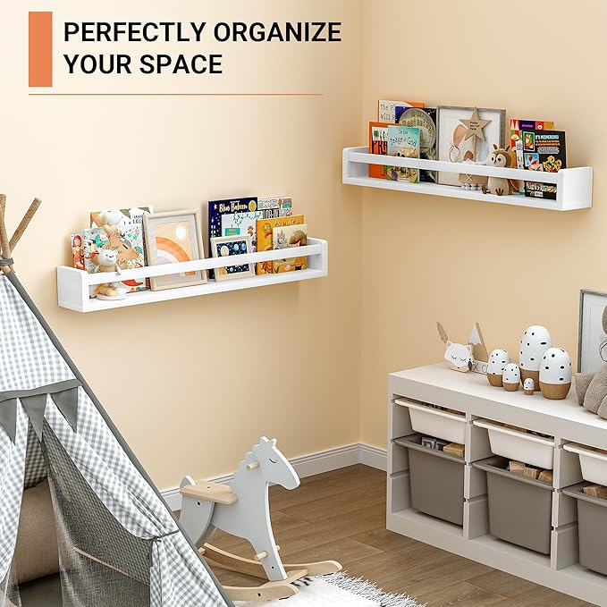 Heimlove Nursery Floating Shelves, White Nursery Book Shelves for Wall, 32 inch Wall Bookshelf for Kids Solid Wood Wall Mounted Shelves for Books,Toys and Decor Storage, Set of 3