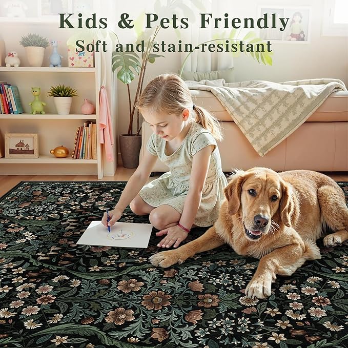 8x10 Washable Area Rug for Living Room, Large Vintage Black Floral Rugs, Soft Non-Slip Stain Resistant Boho Lightweight Carpet for Bedroom Dining Room Nursery Home Office