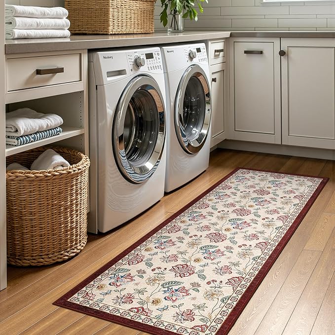 jinchan 2x5 Floral Runner Rug for Hallway Washable Kitchen Runner Vintage Romance Design Non Slip Thin Indoor Floor Cover Low-Profile Throw Carpet for Entryway Bathroom Bedroom Porch, Red/Beige