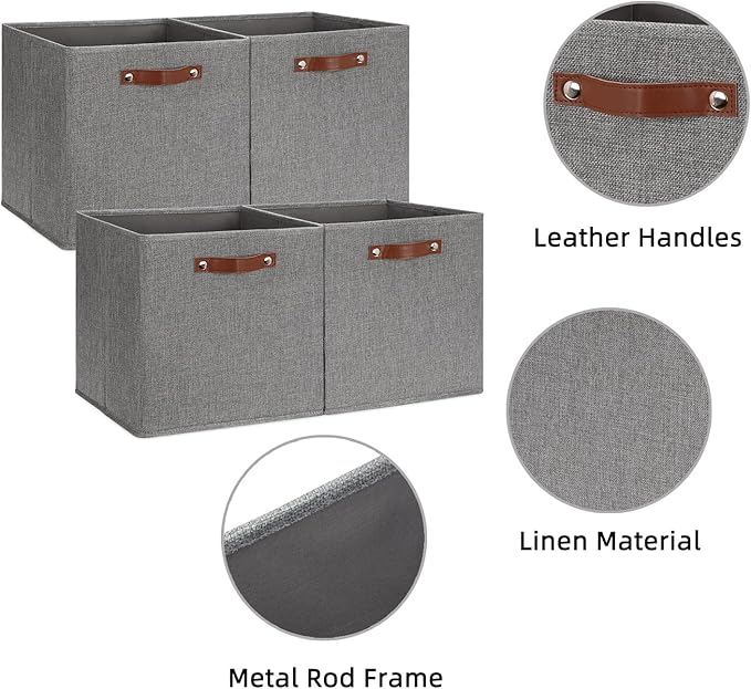 HNZIGE Fabric Storage Cubes Bins Baskets for Shelves Set of 4 Baskets, 13 Inch Storage Bins with Handles, Foldable Storage Cube Organizer Bins Organizing Home Nursery (Gray)