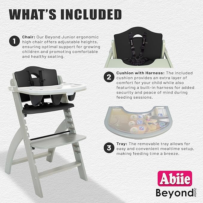 Abiie Beyond Junior Wooden High Chair with Tray - Adjustable and Convertible High Chair for Babies and Toddlers - 6 Months to 250 Lb - Water Resistant - Misty Grey Wood/Black Pearl Cushion