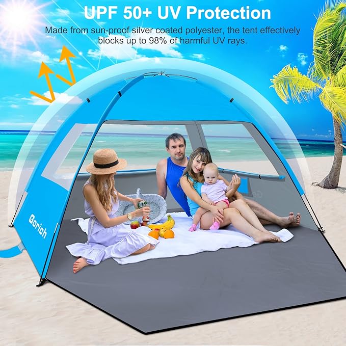 Gorich Beach Tent Sun Shelter for 3/4-5/6-7/8-10 Person with UPF 50＋ UV Protection, Lightweight & Easy Setup Beach Shade Canopy, Portable Beach Shade Tent Beach Cabana