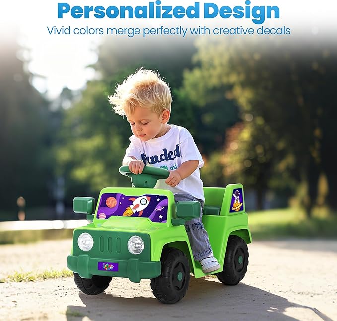 6V Toddler Ride On Car Interactive Electric Car with Horn LED Front Light Rear Storage Stellar Galaxy Theme Perfect for Boys & Girls 18+ Months Safe & Fun for Little Explorers(Green Space)