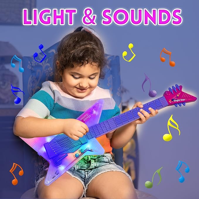 Guitar and Microphone Play Set for Girls,Kids Music Toys,Karaoke Machine with Music&Light,Music Instruments for Toddlers,Educational Toys Gift for Children