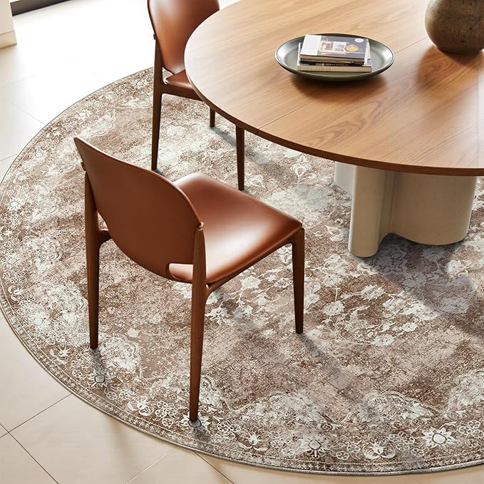 jinchan Round Rug 7ft Area Rug - Brown Vintage Floor Mat Kitchen Indoor - Washable Circle 7' Thin Floral Print Carpet Retro Farmhouse Non Slip Dining Room Living Room Bedroom Office
