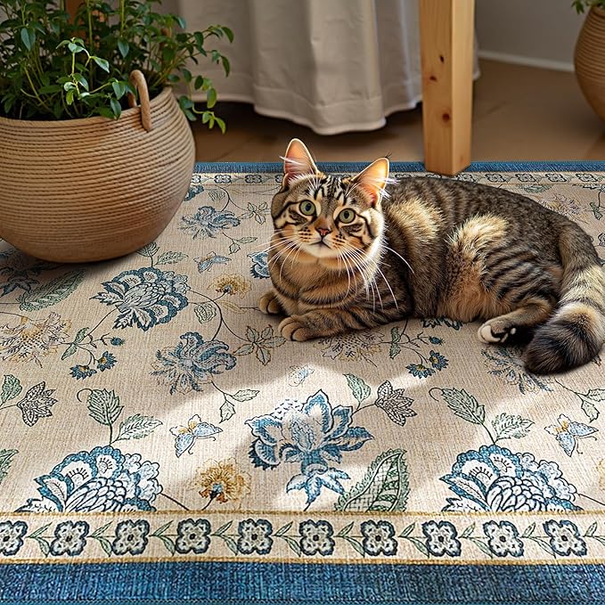 jinchan 3x5 Floral Rug for Entryway Washable Kitchen Rug Vintage Romance Design Small Mat Non Slip Indoor Doormat Lightweight Low-Profile Throw Carpet for Entrance Bathroom Laundry Room, Blue/Beige