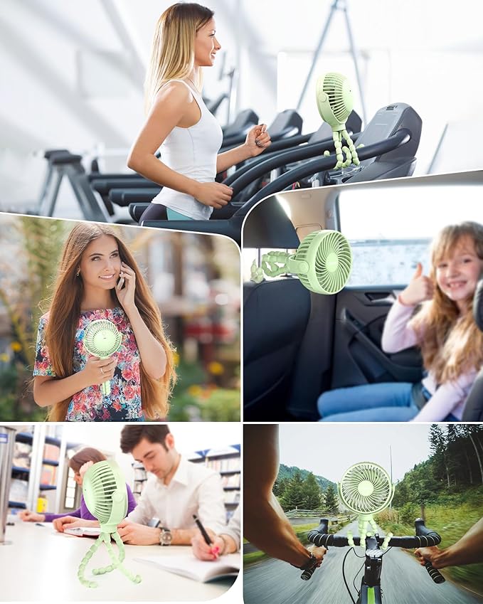 Stroller Fan Clip on for Baby, 4000mAh Rechargeable Battery Operated, Flexible Tripod, 3 Wind Speed, 360° Rotatable, Small Portable Fan for Car Seat Crib Golf Cart Beach Travel, Green