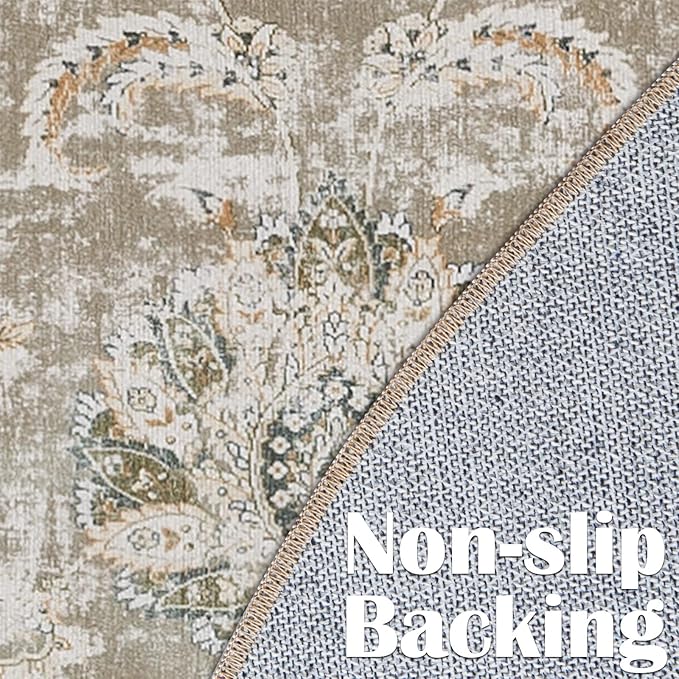 jinchan Round Rug 7ft Area Rugs - Vintage Floral Distressed Design Machine Washable Non-Slip Low-Pile Ultra-Thin Circle Rug for Living Room Dining Room Bedroom Home Office Farmhouse (7' Round,Taupe)