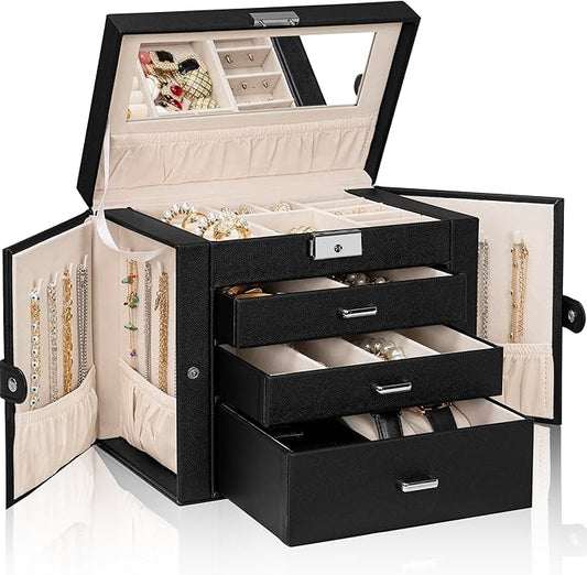 AKOZLIN 4-Tier Jewelry Box Lockable Leather Jewelry Storage Case Organizer with 3 Drawers for Women Girls Ring Necklace Earring Bracelet Watches Holder with Mirror