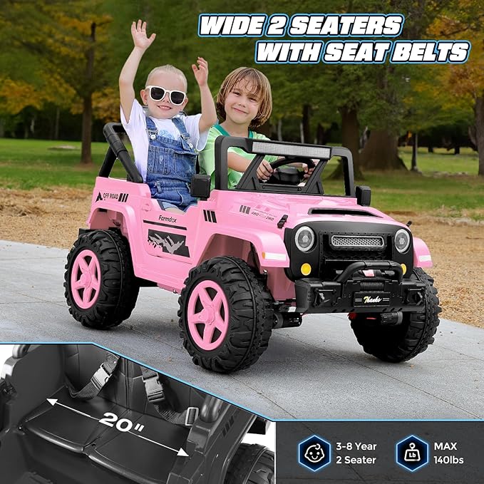 Hikole 24V Ride on Toys for Kids - 4WD/2WD Switchable 2 Seater Kids Electric Car with 4x200W Motors, Remote Control, 3 Speeds, LED Lights, MP3 Player, Safety Belt, Gift for Girls, Pink