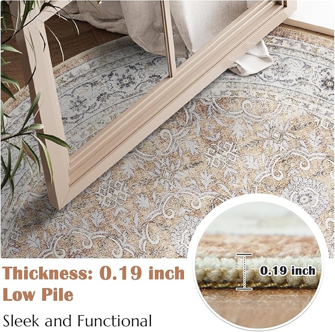 jinchan Round Rug 6ft Washable Circle Soft Rug - Low Pile Vintage 6'Round Indoor Orange Floral Print Stain Resistant Boho Carpet Ultra-Thin Non-Slip for Living Room Nursery Bedroom Dining Room Kitchen