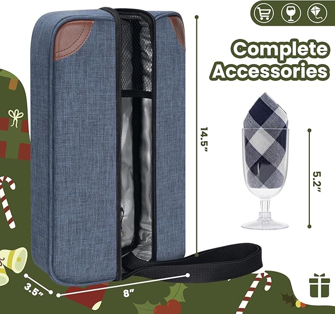 ALLCAMP Wine Bag - Insulated Cooler Bag with Wine Glasses, Bottle Opener & Wine Accessories for Wine Lovers - Portable Wine Gift Bag for Travel, Picnics, and Gift Ideas(Blue)