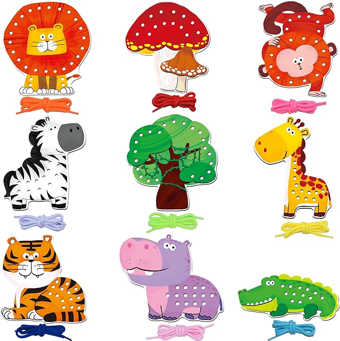 9 Pieces Lacing Cards, Double Sided Sewing Cards in 9 Jungle Animals with 9 Colorful Laces, Imagination Development Lacing Toys Games Educational and Learning Activity for Preschoolers, Kids