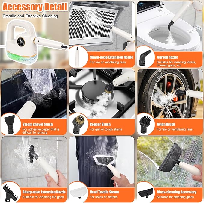 Handheld Steam Cleaner [One Click Clean] Steamer for Cleaning 10-in-1 High Pressure Steam Cleaner for Home/Car Detailings/Fabric etc. Separate Design|Digital Display|Two Cleaning Methods