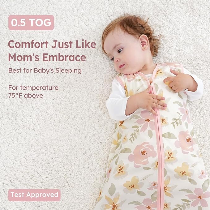 Baby Sleep Sack 12-18 Months 3 Pack 100% Cotton Lightweight 0.5 TOG Wearable Blanket Baby Sleep Bag with 2-Way Zipper for Newborn Infant Pink Flowers & Leaf