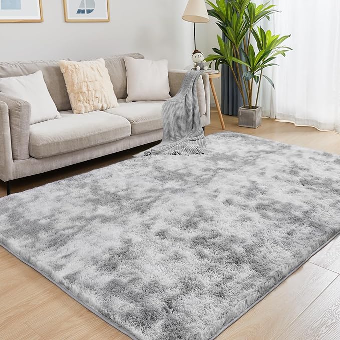8x10 Area Rugs for Living Room, Ultra Soft Fluffy Rugs for Bedroom, Anti-Skid High Pile Indoor Carpet for Nursery, Study Room, Playroom, Home Decoration, Tie-Dyed Light Grey