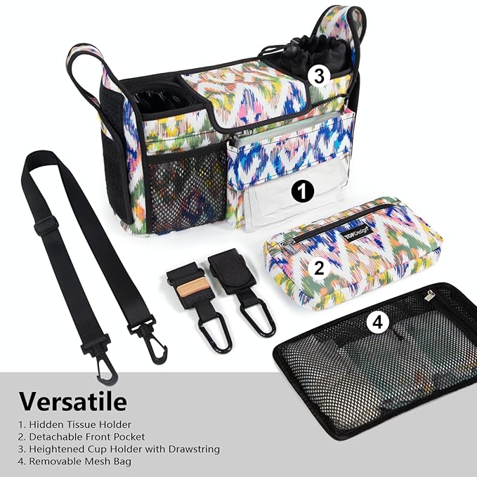 TOPDesign Universal Baby Stroller Organizer Caddy with Detachable Mesh Bag & Heightened Insulated Cup Holders & Non-Slip Secure Hooks Accessories, Fits Most Strollers (Colorful)